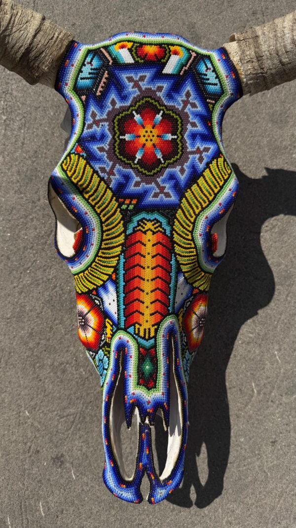 Bull Sculpture Huichol Statue Of Mexican Folk Art, Cow Wixarika As A Mexican Decorative Figure, Made Of Beads On Real Skull. “We Customize” - Image 2