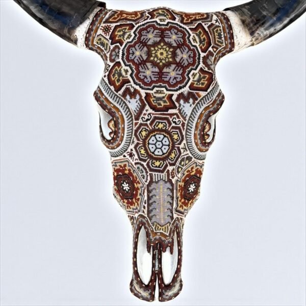 Bull Sculpture Huichol Statue Of Mexican Folk Art, Cow Wixarika As A Mexican Decorative Figure, Made Of Beads On Real Skull. “We Customize”