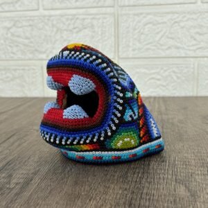 Jaguar Statue  Huichol Sculpture Of Mexican Folk Art, Panther Wixarika As A Mexican Decorative Figure , Made Of Resin And Beads