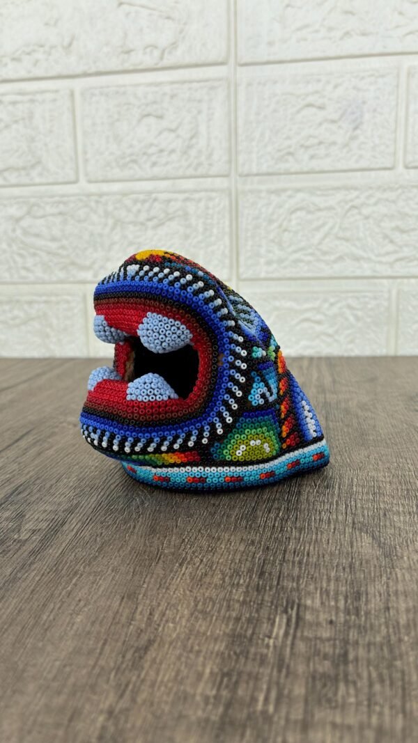 Jaguar Statue  Huichol Sculpture Of Mexican Folk Art, Panther Wixarika As A Mexican Decorative Figure , Made Of Resin And Beads