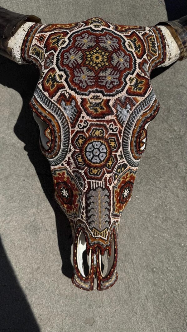 Bull Sculpture Huichol Statue Of Mexican Folk Art, Cow Wixarika As A Mexican Decorative Figure, Made Of Beads On Real Skull. “We Customize” - Image 2