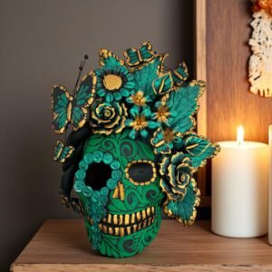 Handmade Mexican Clay Skull, Michoacán Day of the Dead Folk Art, Barro Decor with Flowers and Butterflies, Dia de los Muertos Calavera Altar