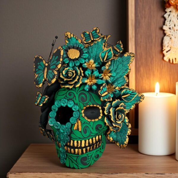 Handmade Mexican Clay Skull, Michoacán Day of the Dead Folk Art, Barro Decor with Flowers and Butterflies, Dia de los Muertos Calavera Altar