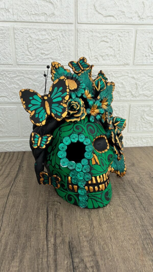 Handmade Mexican Clay Skull, Michoacán Day of the Dead Folk Art, Barro Decor with Flowers and Butterflies, Dia de los Muertos Calavera Altar - Image 2