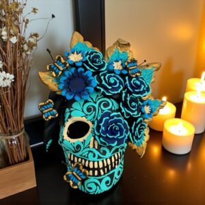 Handmade Mexican Clay Skull, Michoacán Day of the Dead Folk Art, Barro Decor with Flowers and Butterflies, Dia de los Muertos Calavera Altar
