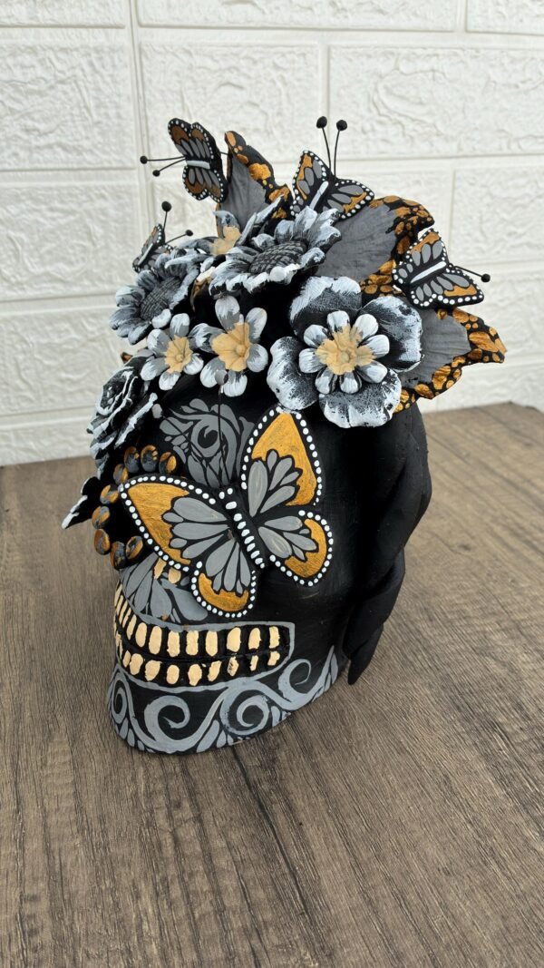 Handmade Mexican Clay Skull, Michoacán Day of the Dead Folk Art, Barro Decor with Flowers and Butterflies, Dia de los Muertos Calavera Altar - Image 2