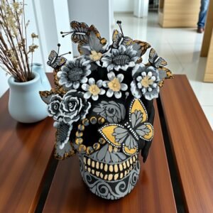 Handmade Mexican Clay Skull, Michoacán Day of the Dead Folk Art, Barro Decor with Flowers and Butterflies, Dia de los Muertos Calavera Altar