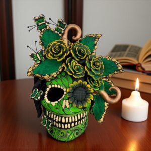 Handmade Mexican Clay Skull, Michoacán Day of the Dead Folk Art, Barro Decor with Flowers and Butterflies, Dia de los Muertos Calavera Altar