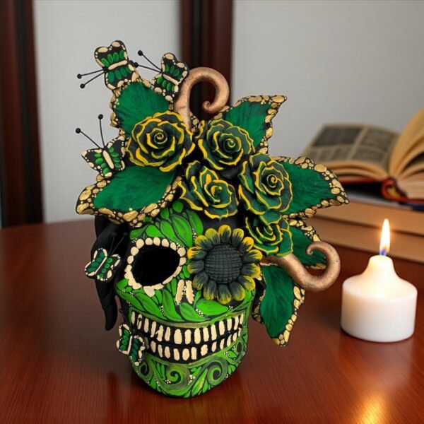 Handmade Mexican Clay Skull, Michoacán Day of the Dead Folk Art, Barro Decor with Flowers and Butterflies, Dia de los Muertos Calavera Altar