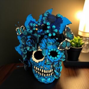 Handmade Mexican Clay Skull, Michoacán Day of the Dead Folk Art, Barro Decor with Flowers and Butterflies, Dia de los Muertos Calavera Altar