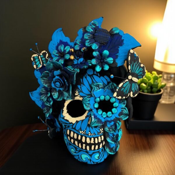 Handmade Mexican Clay Skull, Michoacán Day of the Dead Folk Art, Barro Decor with Flowers and Butterflies, Dia de los Muertos Calavera Altar