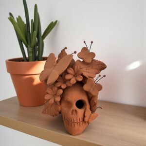 Handmade Mexican Clay Skull, Michoacán Day of the Dead Folk Art, Barro Decor with Flowers and Butterflies, Dia de los Muertos Calavera Altar
