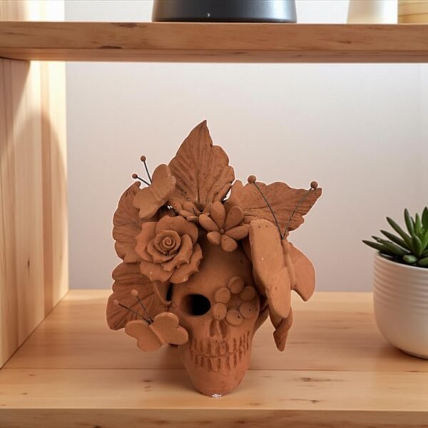 Handmade Mexican Clay Skull, Michoacán Day of the Dead Folk Art, Barro Decor with Flowers and Butterflies, Dia de los Muertos Calavera Altar