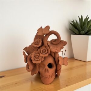Handmade Mexican Clay Skull, Michoacán Day of the Dead Folk Art, Barro Decor with Flowers and Butterflies, Dia de los Muertos Calavera Altar