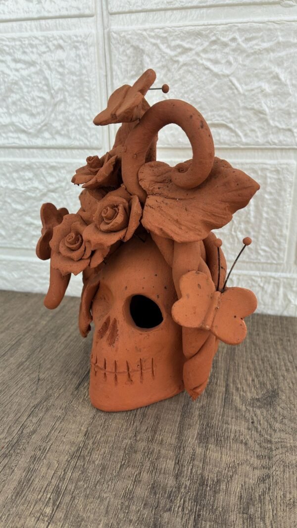 Handmade Mexican Clay Skull, Michoacán Day of the Dead Folk Art, Barro Decor with Flowers and Butterflies, Dia de los Muertos Calavera Altar - Image 2