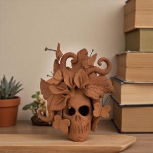 Handmade Mexican Clay Skull, Michoacán Day of the Dead Folk Art, Barro Decor with Flowers and Butterflies, Dia de los Muertos Calavera Altar