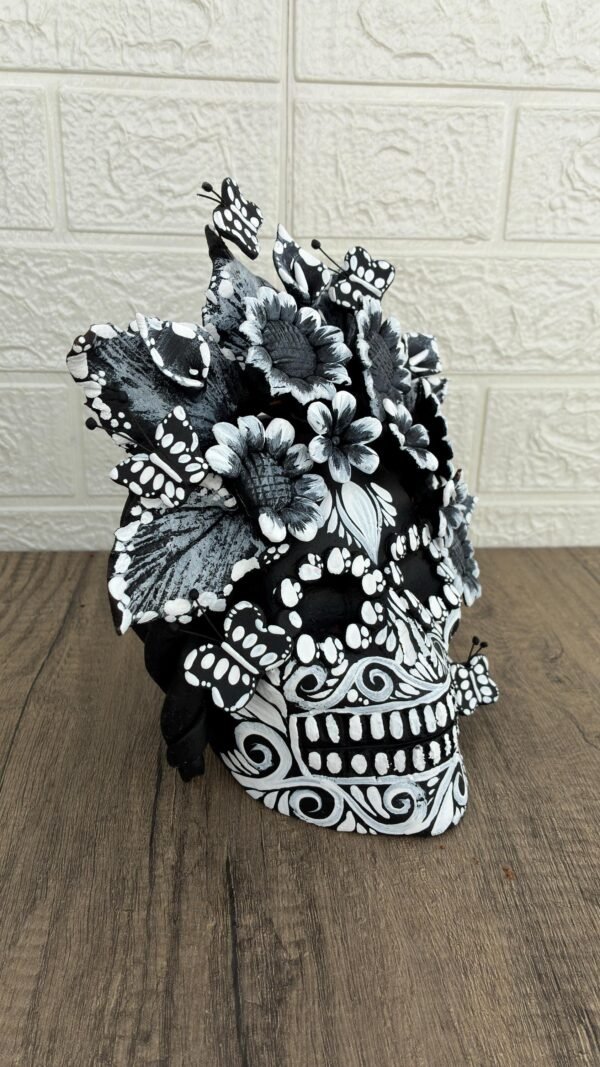 Handmade Mexican Clay Skull, Michoacán Day of the Dead Folk Art, Barro Decor with Flowers and Butterflies, Dia de los Muertos Calavera Altar - Image 2