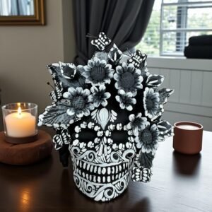Handmade Mexican Clay Skull, Michoacán Day of the Dead Folk Art, Barro Decor with Flowers and Butterflies, Dia de los Muertos Calavera Altar