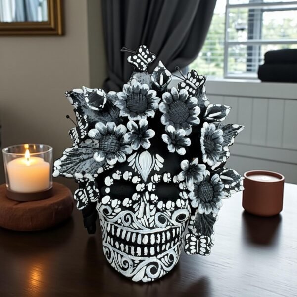 Handmade Mexican Clay Skull, Michoacán Day of the Dead Folk Art, Barro Decor with Flowers and Butterflies, Dia de los Muertos Calavera Altar