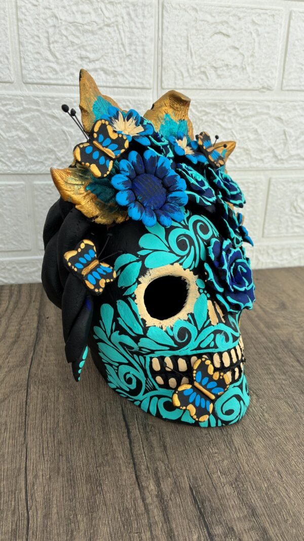 Handmade Mexican Clay Skull, Michoacán Day of the Dead Folk Art, Barro Decor with Flowers and Butterflies, Dia de los Muertos Calavera Altar - Image 2