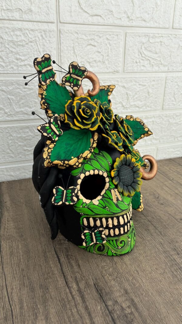 Handmade Mexican Clay Skull, Michoacán Day of the Dead Folk Art, Barro Decor with Flowers and Butterflies, Dia de los Muertos Calavera Altar - Image 2