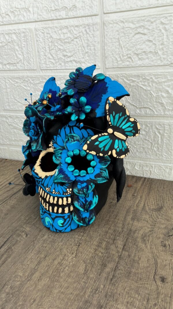 Handmade Mexican Clay Skull, Michoacán Day of the Dead Folk Art, Barro Decor with Flowers and Butterflies, Dia de los Muertos Calavera Altar - Image 2