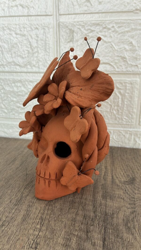 Handmade Mexican Clay Skull, Michoacán Day of the Dead Folk Art, Barro Decor with Flowers and Butterflies, Dia de los Muertos Calavera Altar - Image 2