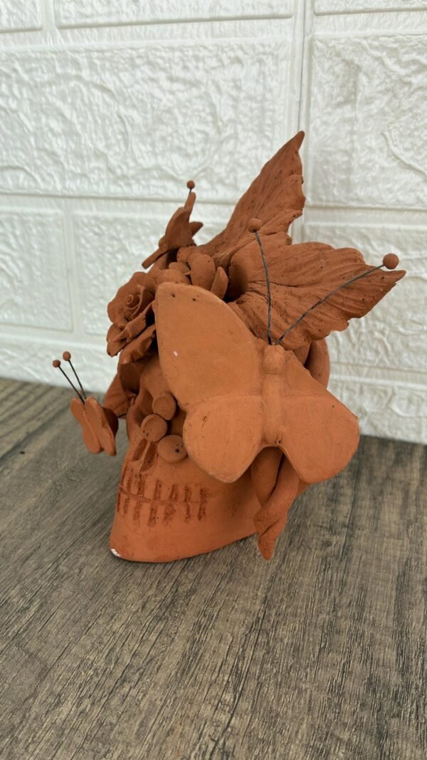 Handmade Mexican Clay Skull, Michoacán Day of the Dead Folk Art, Barro Decor with Flowers and Butterflies, Dia de los Muertos Calavera Altar - Image 2