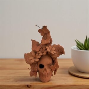 Handmade Mexican Clay Skull, Michoacán Day of the Dead Folk Art, Barro Decor with Flowers and Butterflies, Dia de los Muertos Calavera Altar