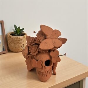 Handmade Mexican Clay Skull, Michoacán Day of the Dead Folk Art, Barro Decor with Flowers and Butterflies, Dia de los Muertos Calavera Altar