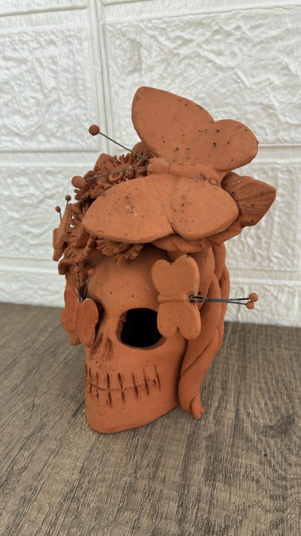 Handmade Mexican Clay Skull, Michoacán Day of the Dead Folk Art, Barro Decor with Flowers and Butterflies, Dia de los Muertos Calavera Altar - Image 2