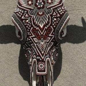 Bull Sculpture Huichol Statue Of Mexican Folk Art, Cow Wixarika As A Mexican Decorative Figure, Made Of Beads On Real Skull. “We Customize”