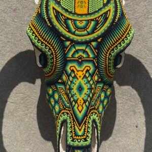 Bull Sculpture Huichol Statue Of Mexican Folk Art, Cow Wixarika As A Mexican Decorative Figure, Made Of Beads On Real Skull. “We Customize”