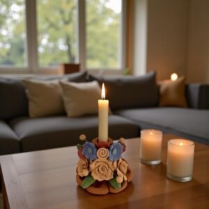 Handmade Clay Candle Holder from Oaxaca, Mexico Terracotta Floral Barro Decor, Mexican Folk Art Centerpiece Flower Design Porta velas