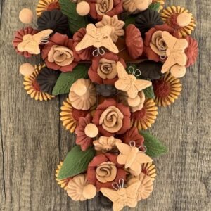 Crucifix Butterflie Roses, Folk art Cross Sculpture, Mexican Wall Hanging, Cross Figurine, Engobes Blancos Estado de México By Artisans