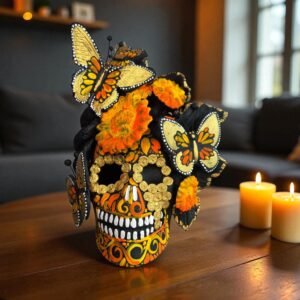 Handmade Mexican Clay Skull, Michoacán Day of the Dead Folk Art, Barro Decor with Flowers and Butterflies, Dia de los Muertos Calavera Altar