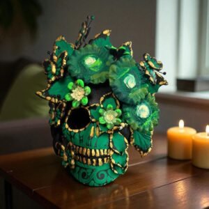 Handmade Mexican Clay Skull, Michoacán Day of the Dead Folk Art, Barro Decor with Flowers and Butterflies, Dia de los Muertos Calavera Altar