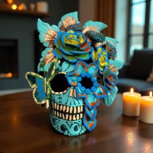 Handmade Mexican Clay Skull, Michoacán Day of the Dead Folk Art, Barro Decor with Flowers and Butterflies, Dia de los Muertos Calavera Altar