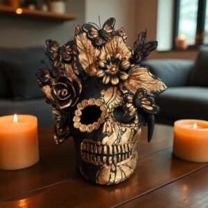 Handmade Mexican Clay Skull, Michoacán Day of the Dead Folk Art, Barro Decor with Flowers and Butterflies, Dia de los Muertos Calavera Altar