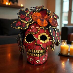 Handmade Mexican Clay Skull, Michoacán Day of the Dead Folk Art, Barro Decor with Flowers and Butterflies, Dia de los Muertos Calavera Altar