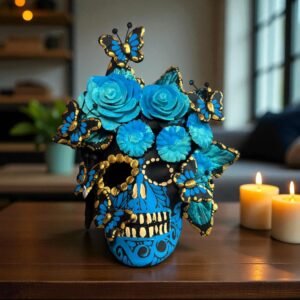 Handmade Mexican Clay Skull, Michoacán Day of the Dead Folk Art, Barro Decor with Flowers and Butterflies, Dia de los Muertos Calavera Altar