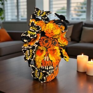 Handmade Mexican Clay Skull, Michoacán Day of the Dead Folk Art, Barro Decor with Flowers and Butterflies, Dia de los Muertos Calavera Altar