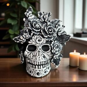 Handmade Mexican Clay Skull, Michoacán Day of the Dead Folk Art, Barro Decor with Flowers and Butterflies, Dia de los Muertos Calavera Altar