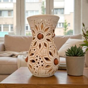 Handmade Clay Vase Santa María Atzompa Oaxaca, White And Brown Mexican Pottery, Rustic Boho Home Decor, Ceramic Planter Or Candle Holder