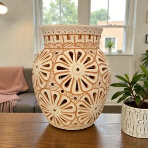 Handmade Clay Vase Santa María Atzompa Oaxaca, White And Brown Mexican Pottery, Rustic Boho Home Decor, Ceramic Planter Or Candle Holder