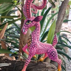 Ram Bighorn Sheep Figurine Mexican Folk Art Alebrije Statue, Wooden Deer As Mexican Decoration Sculpture, Made Of Wood And Carved By Hand