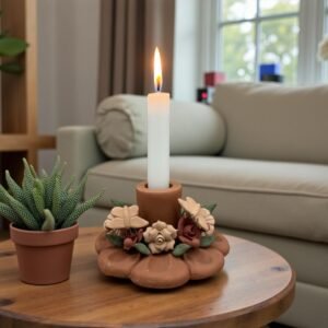 Handmade Clay Candle Holder from Oaxaca, Mexico Terracotta Floral Barro Decor, Mexican Folk Art Centerpiece Flower Design Porta velas