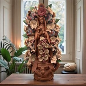 XL Handmade Clay Virgin Mary Sculpture, Mexican Folk Art, 23.7"