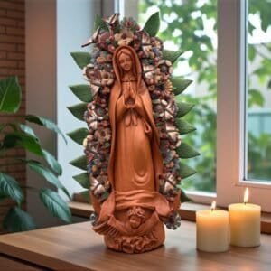 XL Handmade Clay Virgin Mary Sculpture, Mexican Folk Art, 23.7"