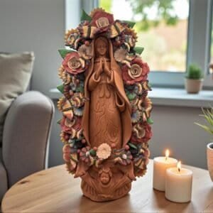 XL Handmade Clay Virgin Mary Sculpture, Mexican Folk Art, 23.7"